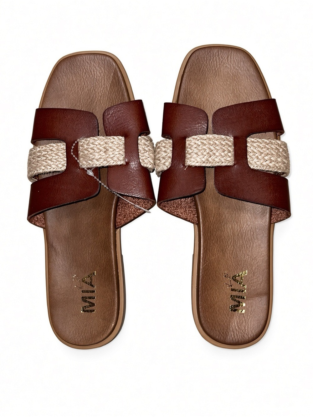 MIA Elayney Brown Leather Slide Sandals with Cream Braided Accent girls 5 NWOB
